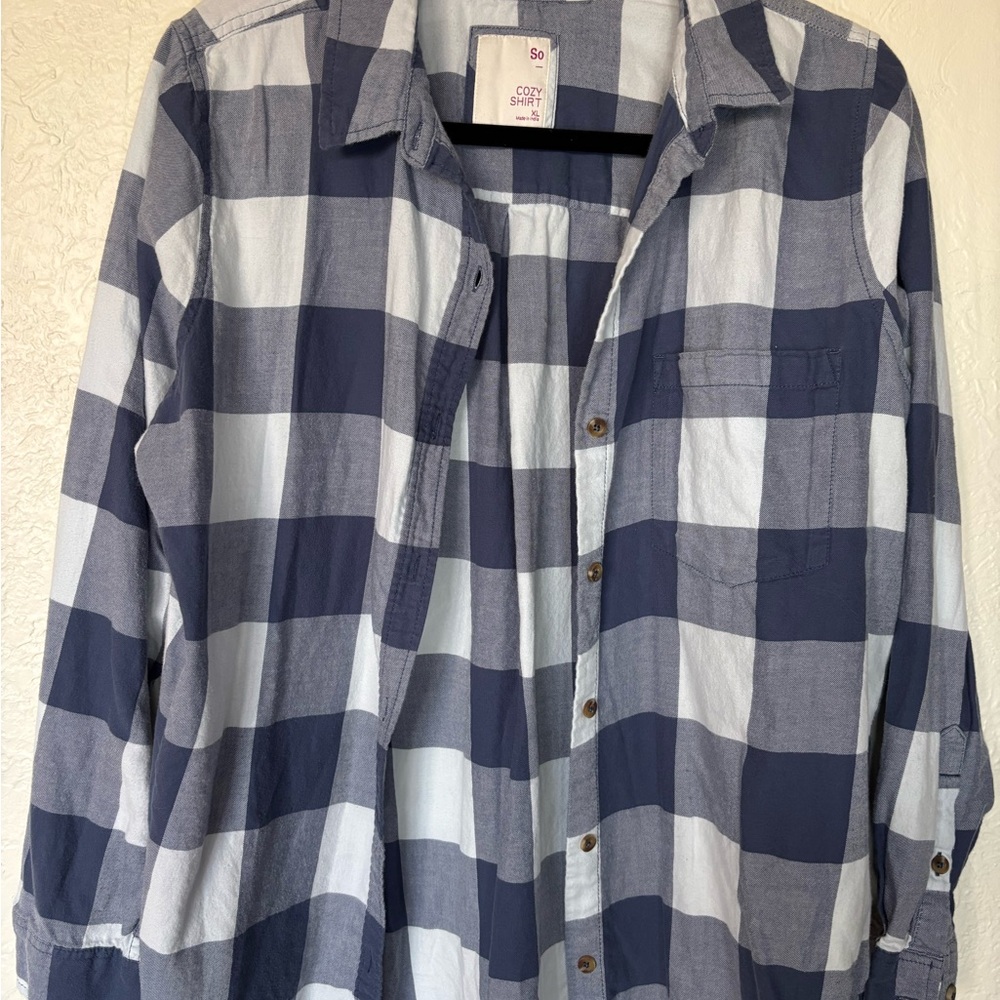 SO Women’s Blue and White Plaid Button-Down Shirt